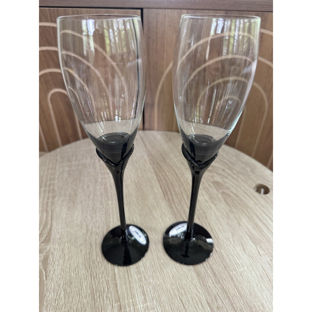 Pier 1 Black Stem - Clear Bowl - Fluted Champagne Flutes Set of 2